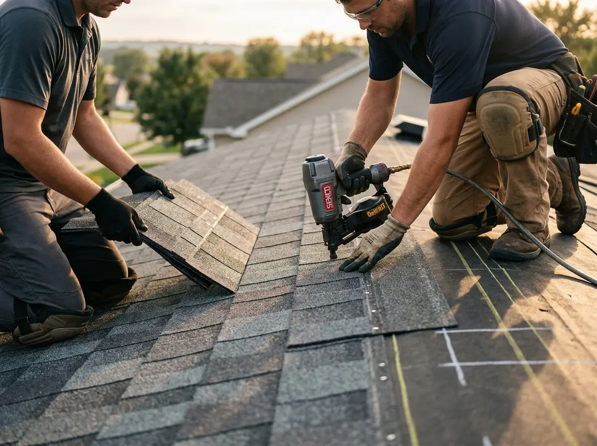 Professional roofer working on a residential roof in Manhattan